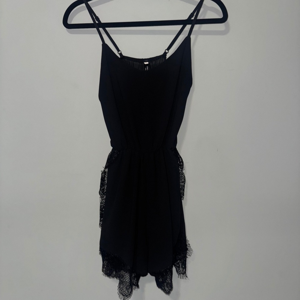 Face Womens Black Chiffon Romper Eyelash Lace Trim Adjustable Straps Size S